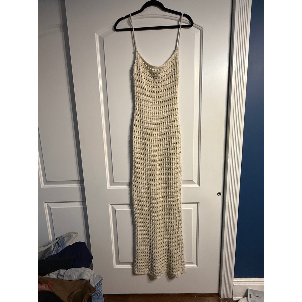 PrettyLittleThing Maxi Dress Small Cream Crochet Open Knit Boho Coastal Grandma